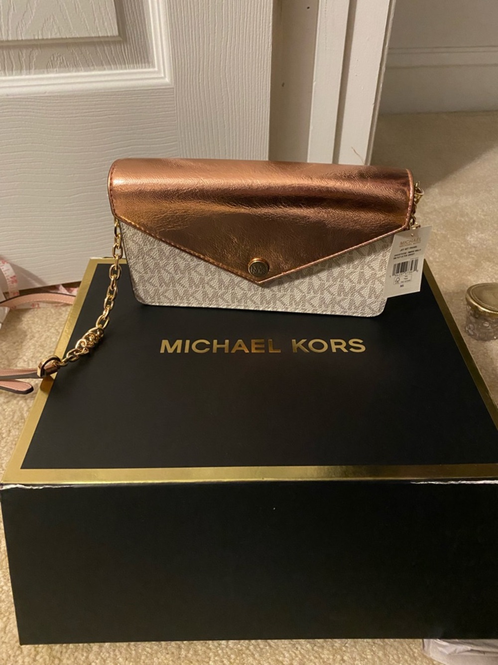 Brand New Michael Kors Signature Crossbody with Rose Gold Metallic Flap